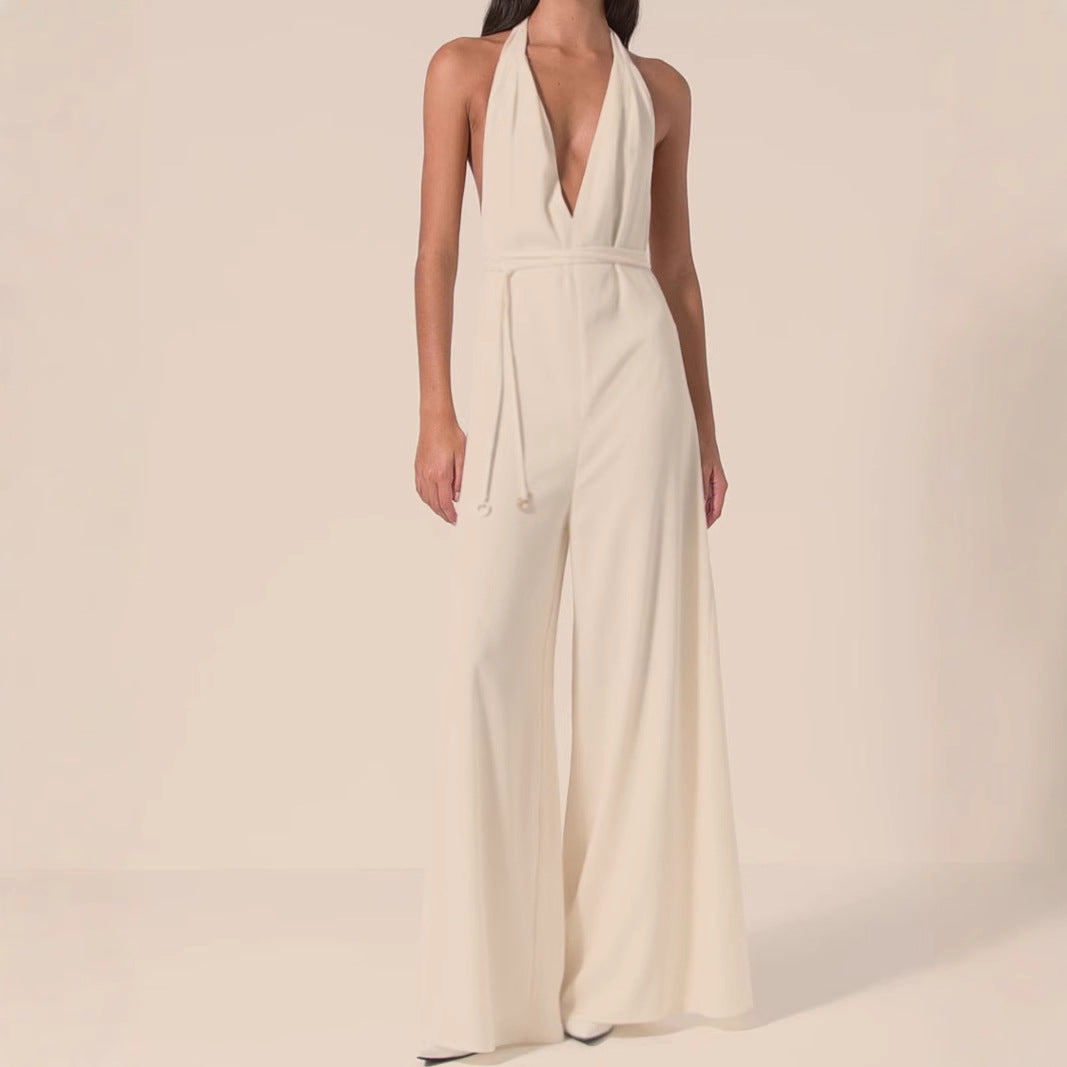 Elegant V-Neck Halter Wide-Leg Jumpsuit