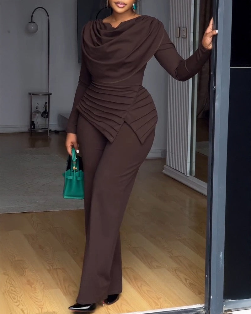 Women's High-Waist Straight-Leg Long Sleeve Jumpsuit