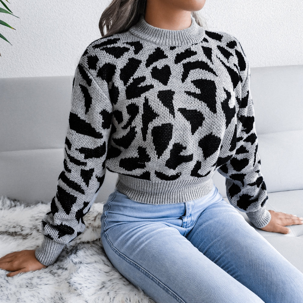 Women Casual Leopard Print Cinched Knit Cropped Sweater