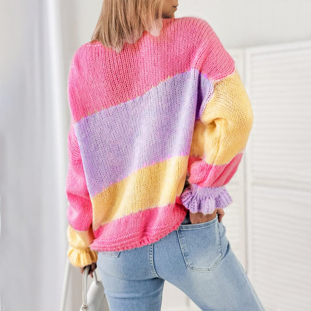 Women's Autumnwinter Sweater Color Block Stitching Casual Loose Knitted Cardigan