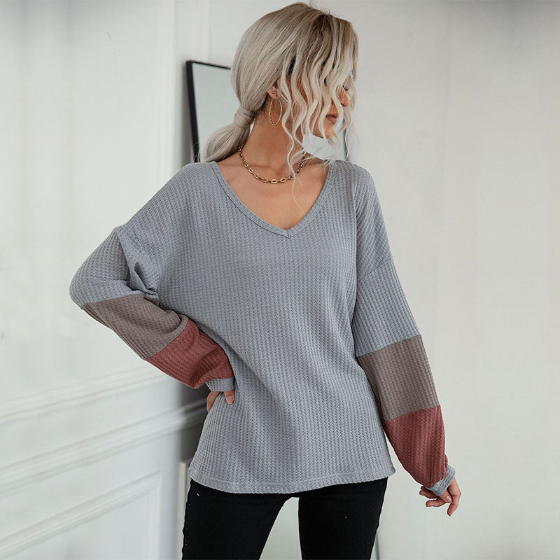 Chic Colorblock Waffle V-Neck Knit Pullover Top