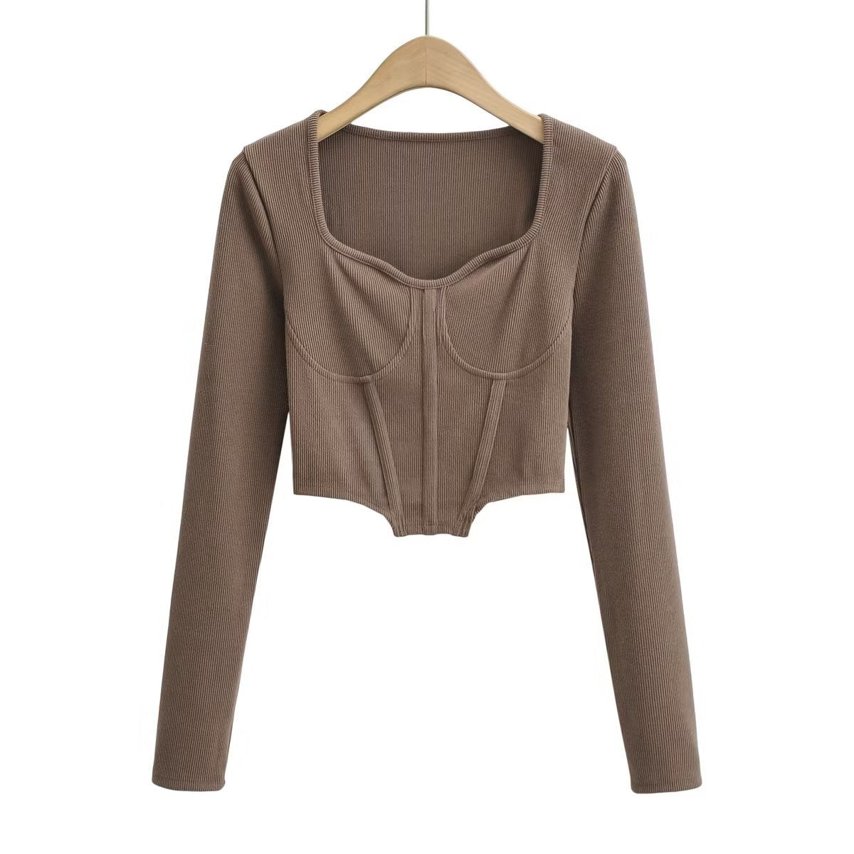 Slim Fit Open Waist Square Collar Long Sleeve Crop Top