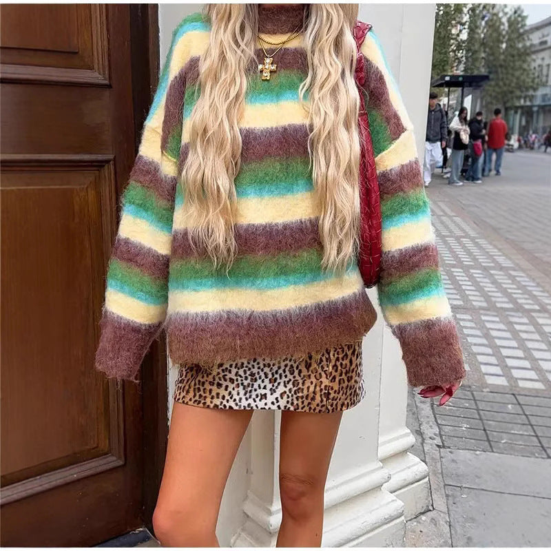 Comfortable Casual Colorful Crew Neck Striped Knit Sweater