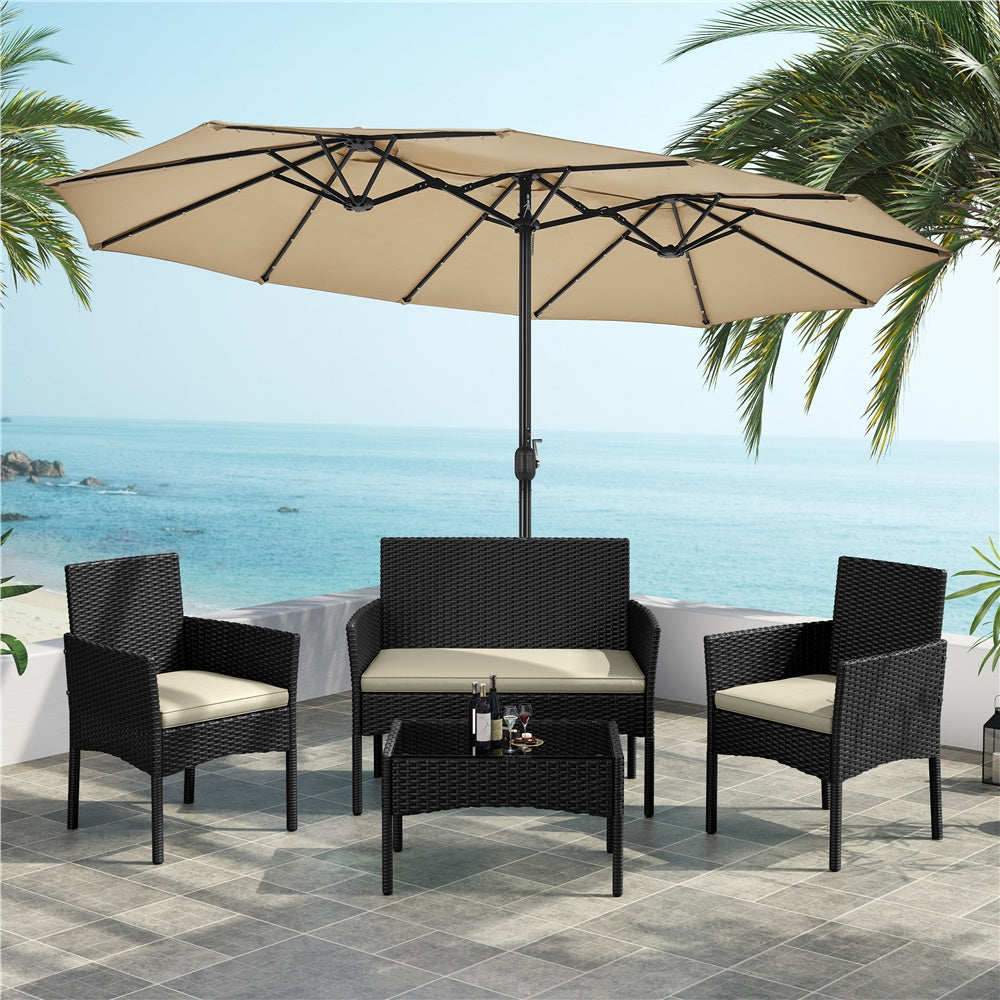 Costoffs Patio Furniture Set 4 Pieces Conversation Sets, Rattan Chair Wicker Set Loveseat with Soft Cushion and Glass Table Halloween Patio Furniture for Backyard Porch Garden Poolside Balcony