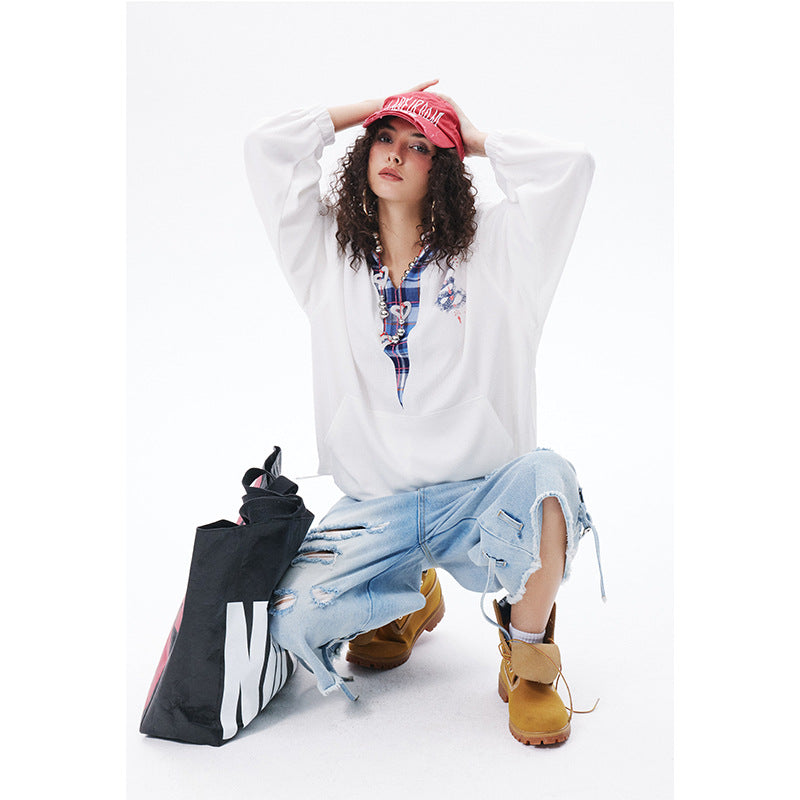Japanese-style Retro Fake Two-piece Plaid Stitching Contrast Color Hooded Sweatshirt