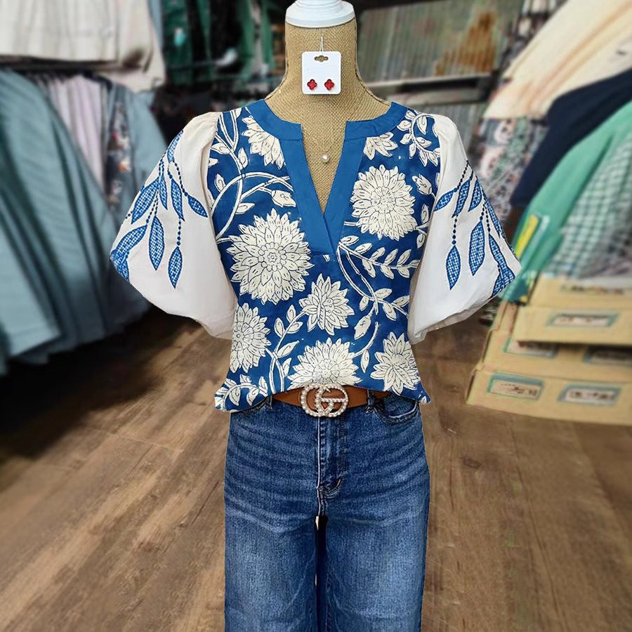 Women's Loose Fit Ethnic Print Lantern Sleeve Top – Blue