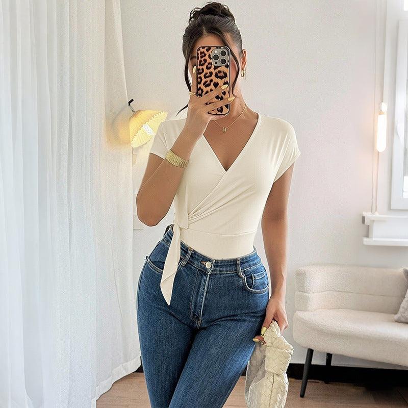 Solid-color V-neck Side-tie Full-sleeve Jumpsuit
