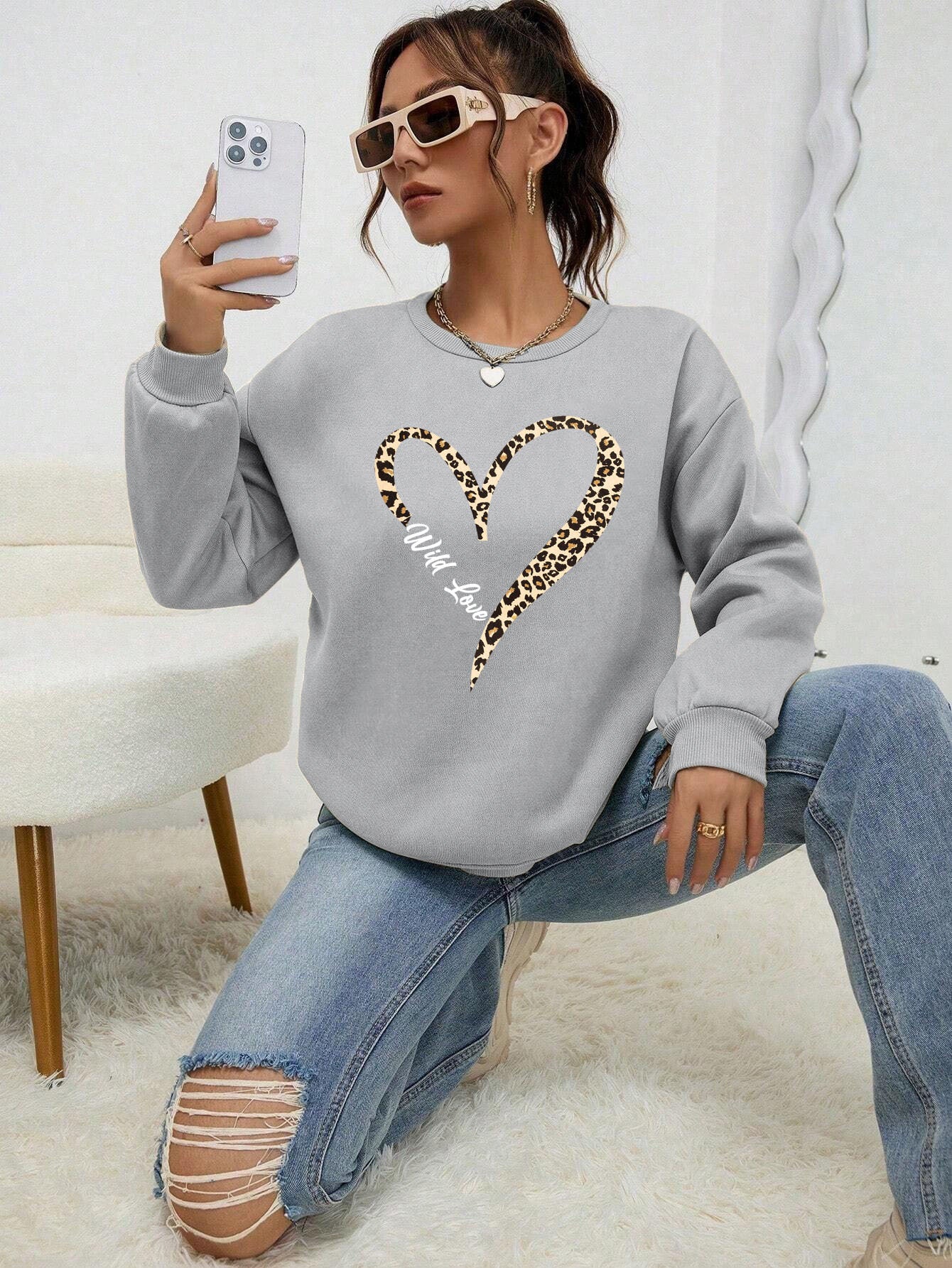Leopard Wild Heart Print Sweatshirt Set