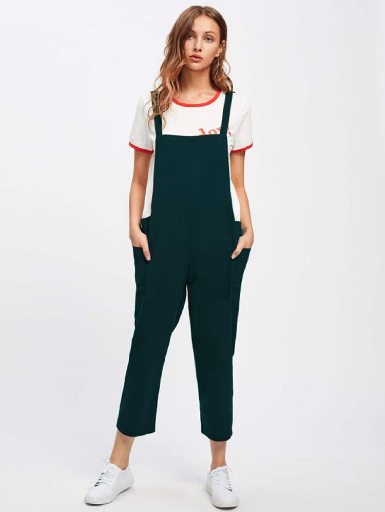 Casual Cotton Pocket Suspenders Cropped Overalls