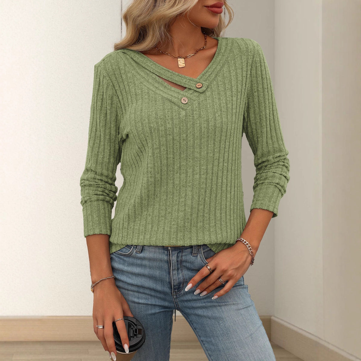 Solid-color V-neck Long-sleeve Knit Top with Buttons