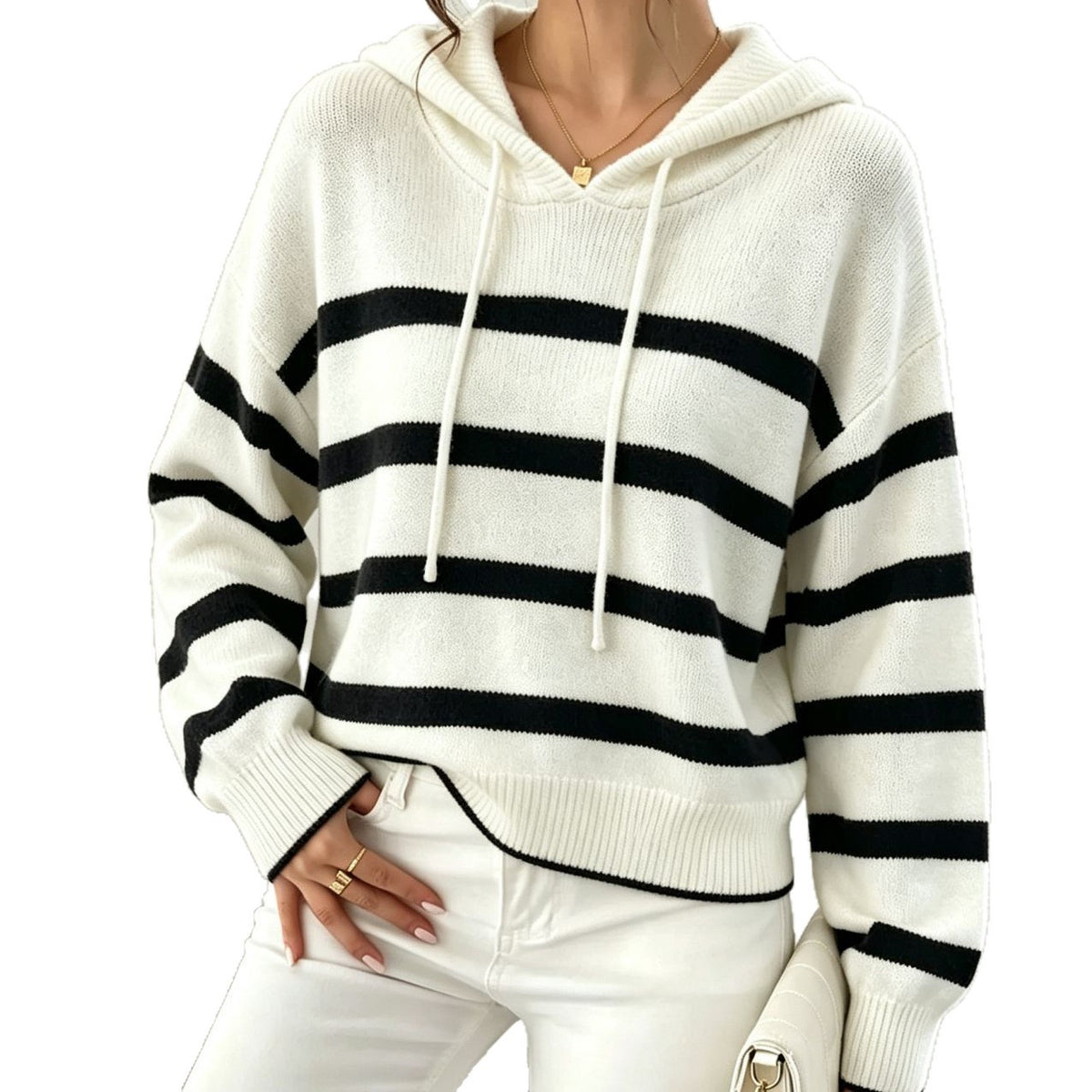 Womens Striped Knitted Hooded Pullover Sweater