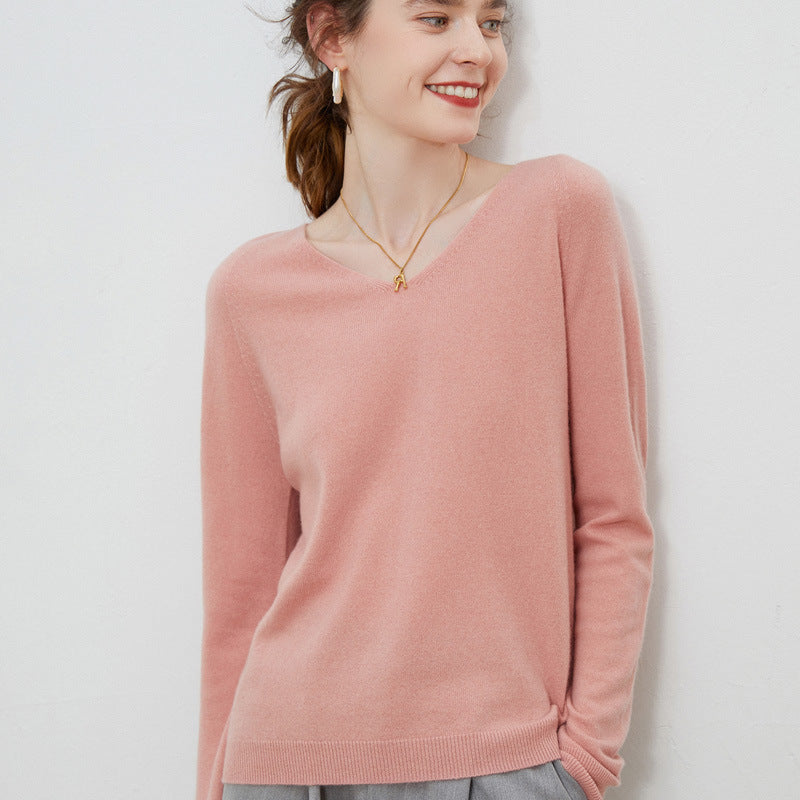Pure Wool V-Neck Long-Sleeve Sweater for Women