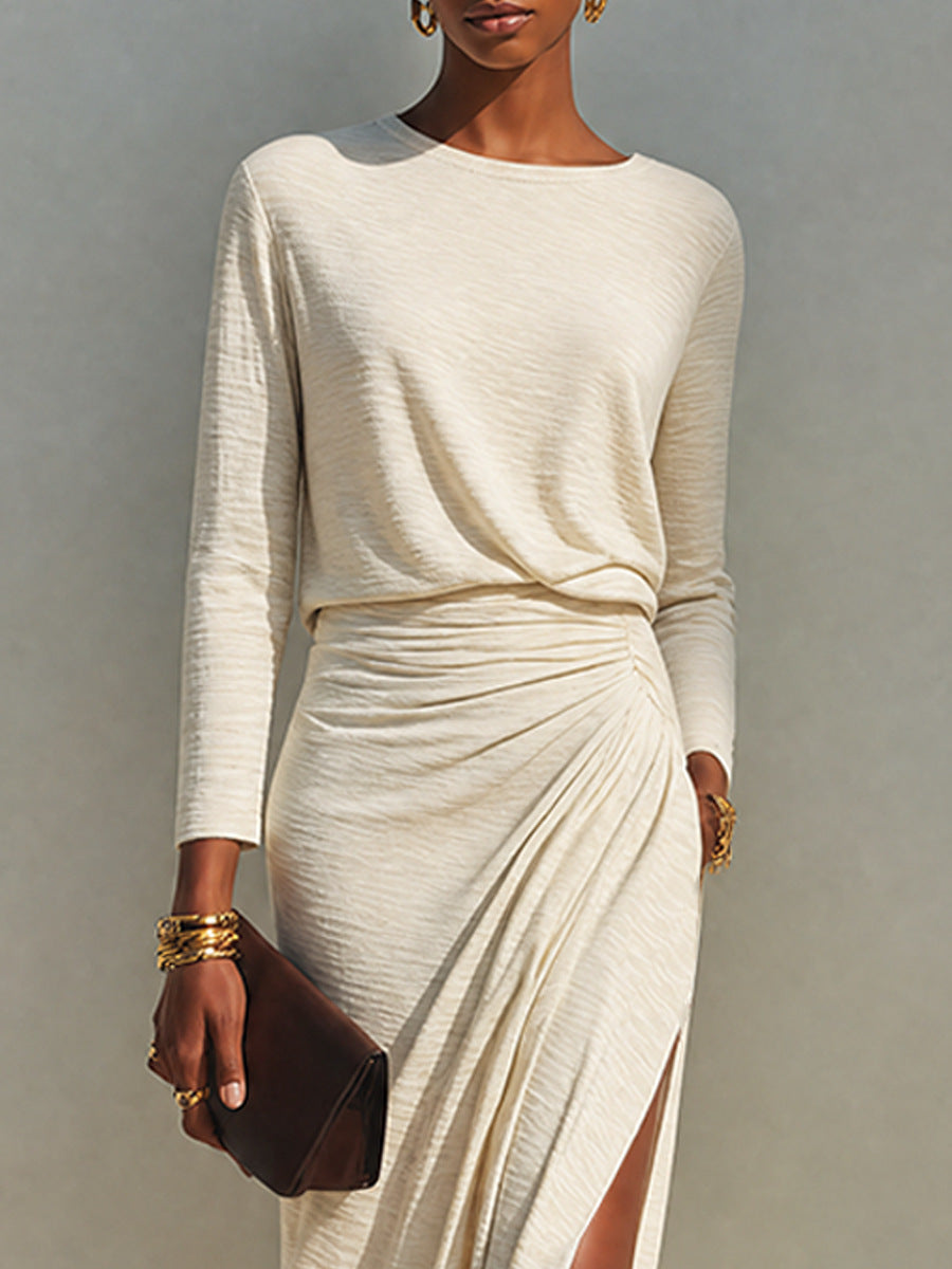Elegant Long-Sleeve Bodycon Pleated Split Midi Dress