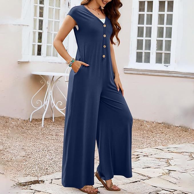 Comfortable Casual Loose-fit Solid-color Jumpsuit With Pockets And Wide-leg Pants