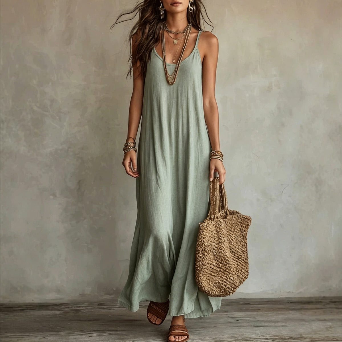 Womens Bohemian Loose-fit Solid-color Dress