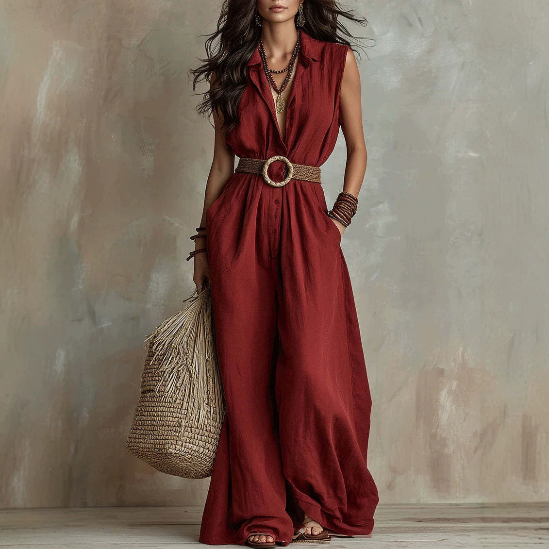 Elegant V-Neck Button-Front Casual Sleeveless Jumpsuit