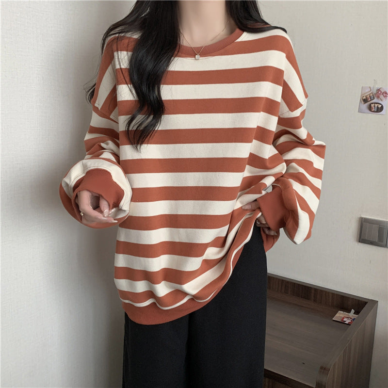 Retro Striped Crew Neck Casual Sweatshirt for Women