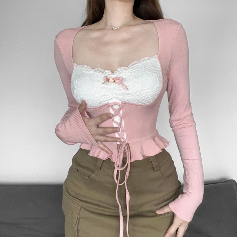 Lace Edge Waist Trimming Lace Up Long Sleeve Waist-controlled Top Women