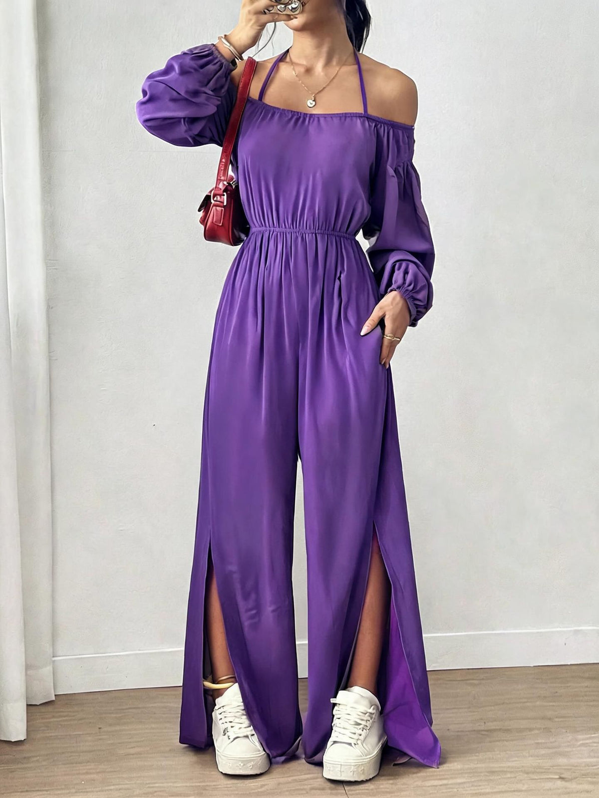 Women's Casual Strapless Slit Wide-Leg Jumpsuit