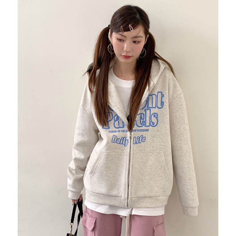 Cozy Velvet-Lined Letter Hooded Cardigan Jacket