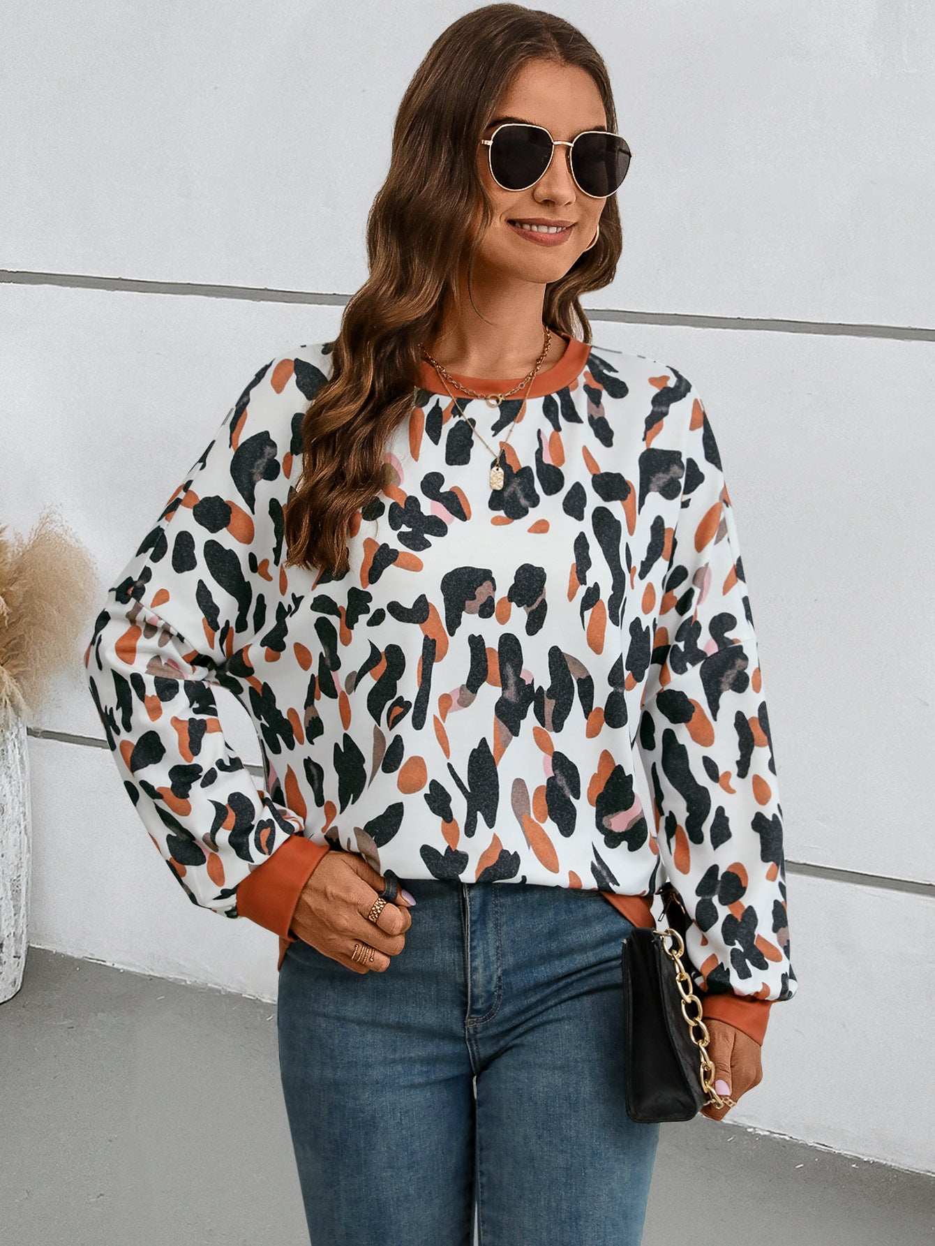 Chic Printed Lantern Sleeve Drop-Shoulder Sweater
