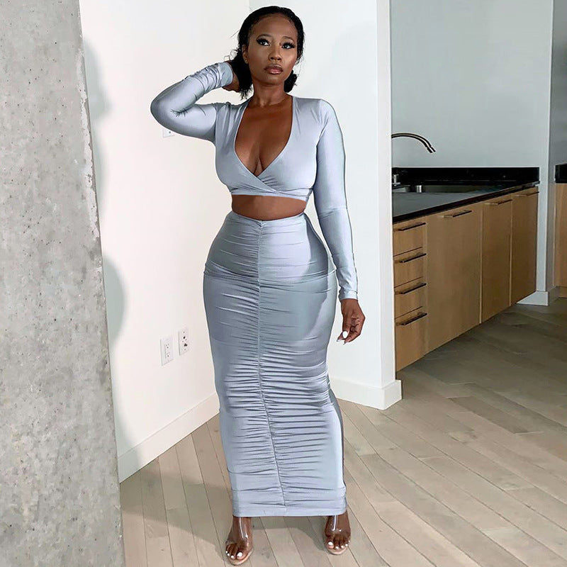 European And American Sexy Fashion Suit New Long-Sleeved V-Neck Blouse Hip Slim Skirt