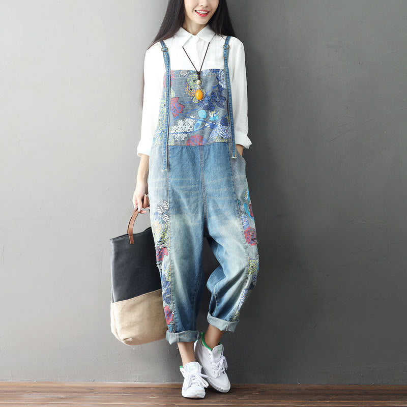 Plus Size Denim Overalls with Unique Print and Bib