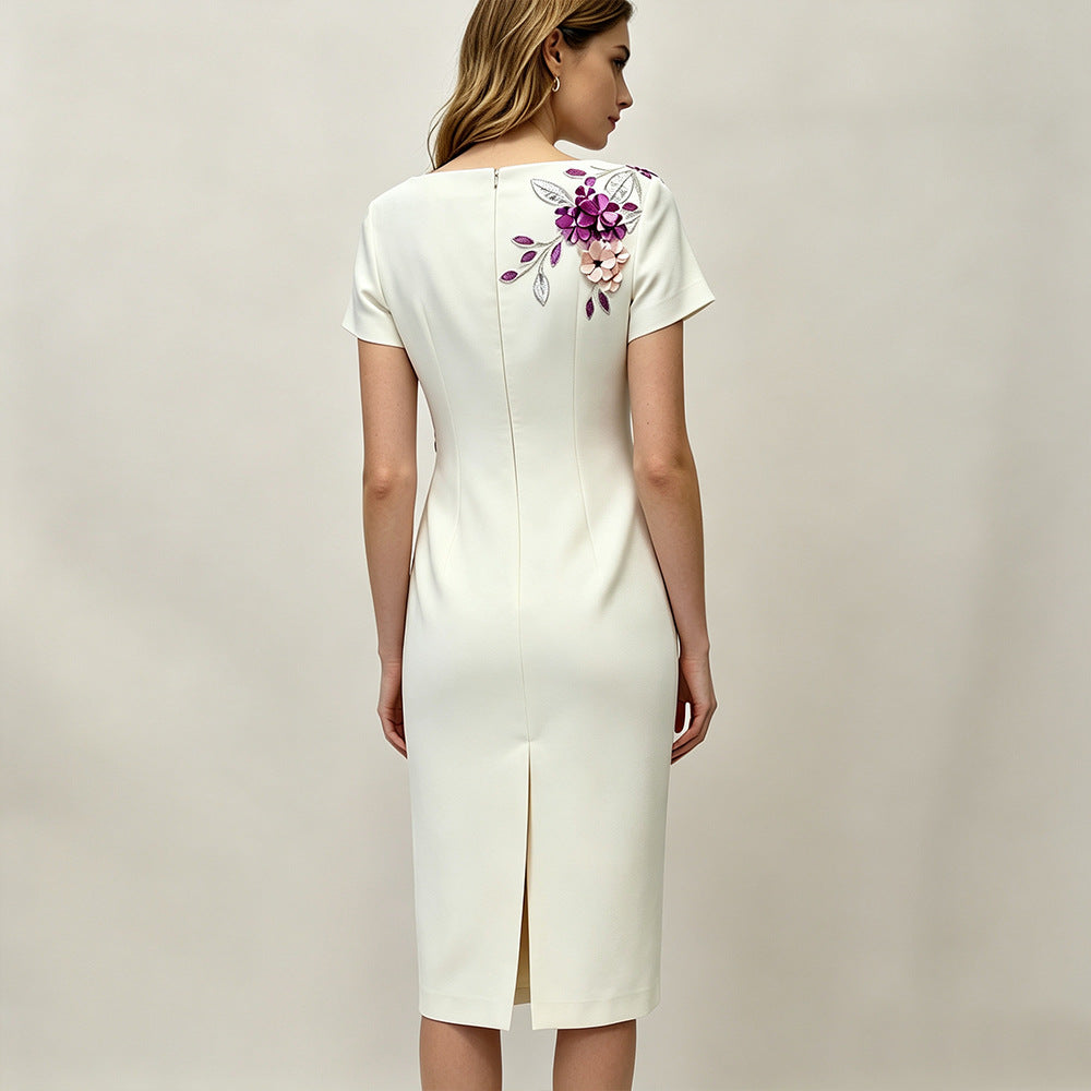 Three-dimensional Flower Beads Rhinestones Slim-fit Midi Dress