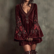 Bell-sleeved Burgundy Velvet Embroidered Mini Dress