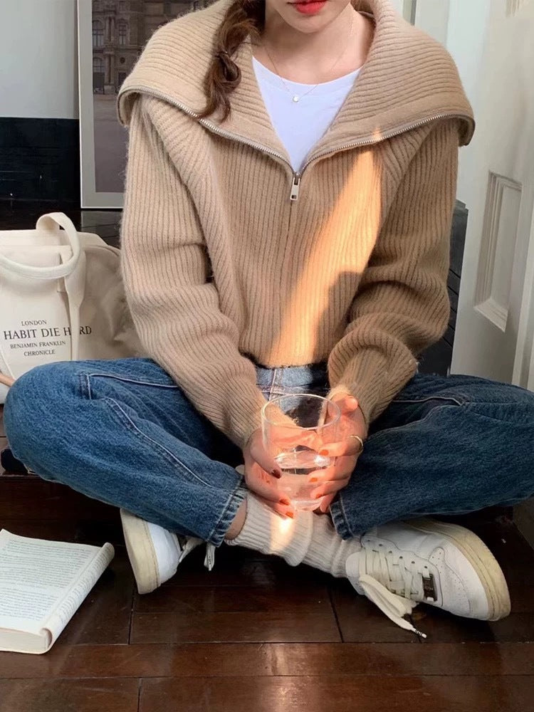 Autumn Winter Large Lapel Zippered Solid Color Womens Sweater
