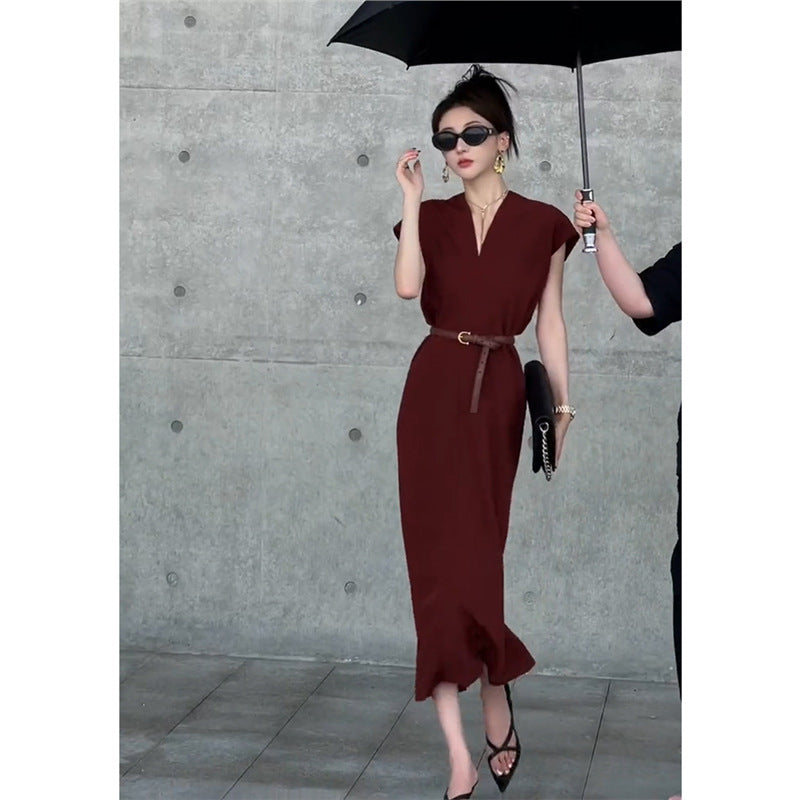 Wine-Red Silk Cotton A-Line Summer Dress with Belt