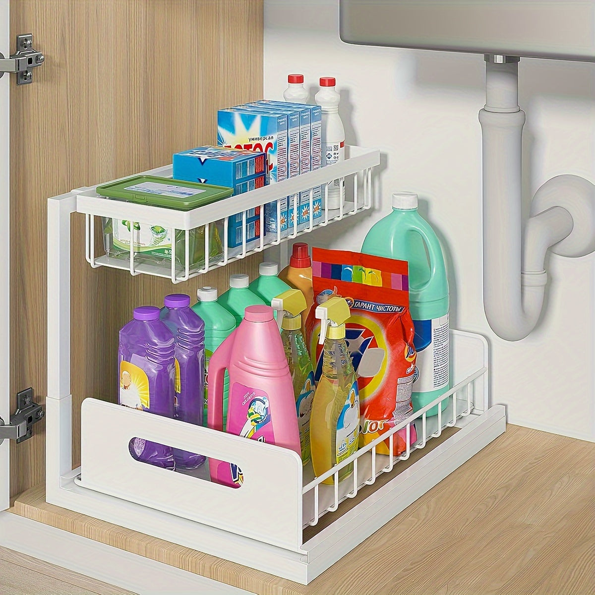 Two-Level Organizers for Under The Sink, Featuring a Sliding Pull-Out Shelf Made of Metal, Ideal for Organizing Kitchen, Bathroom, Pantry, Or Closet Spaces , Under Sink Bathroom Cabinet, Under...