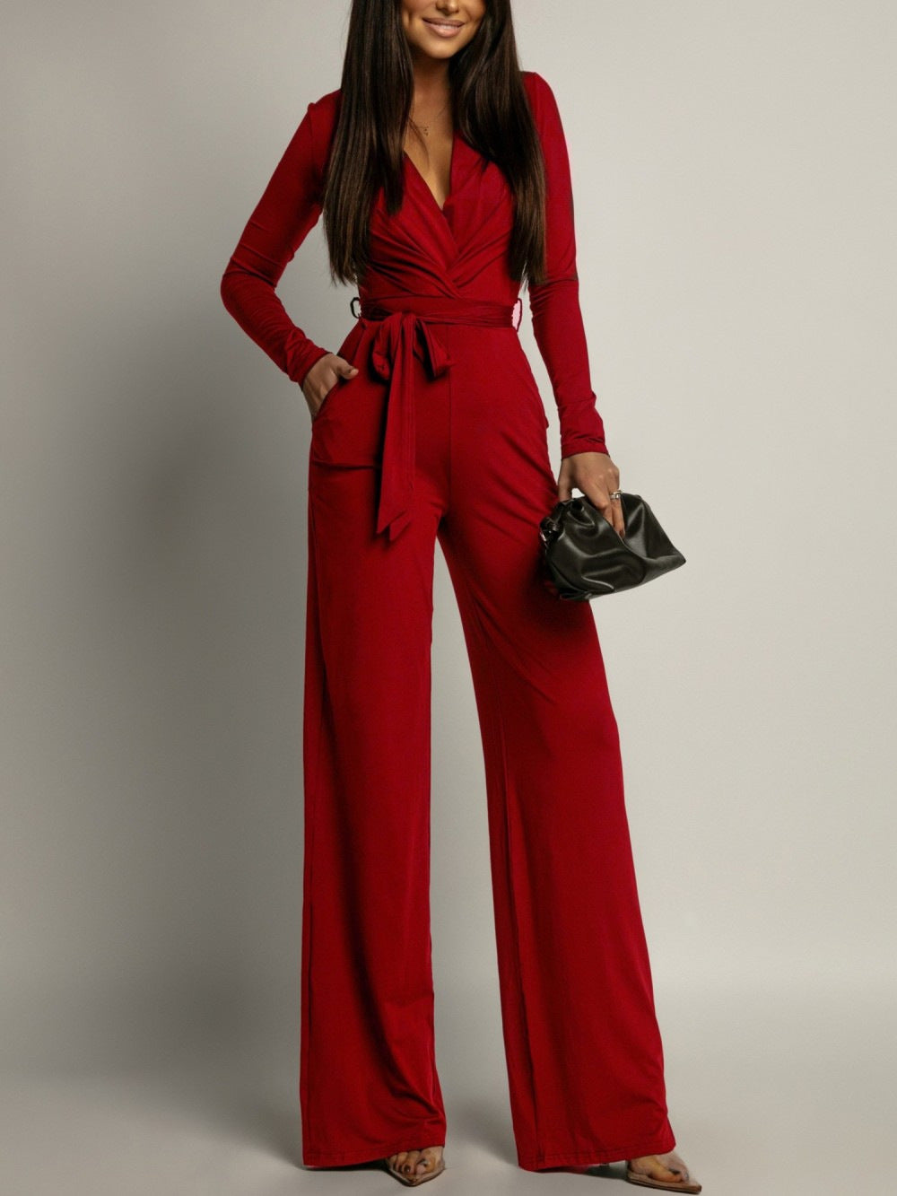 Zebra-Print V-Neck Long-Sleeve Jumpsuit European And American Fashion Style