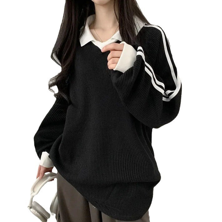 Vintage Waffle Knit Polo Sweater for Women