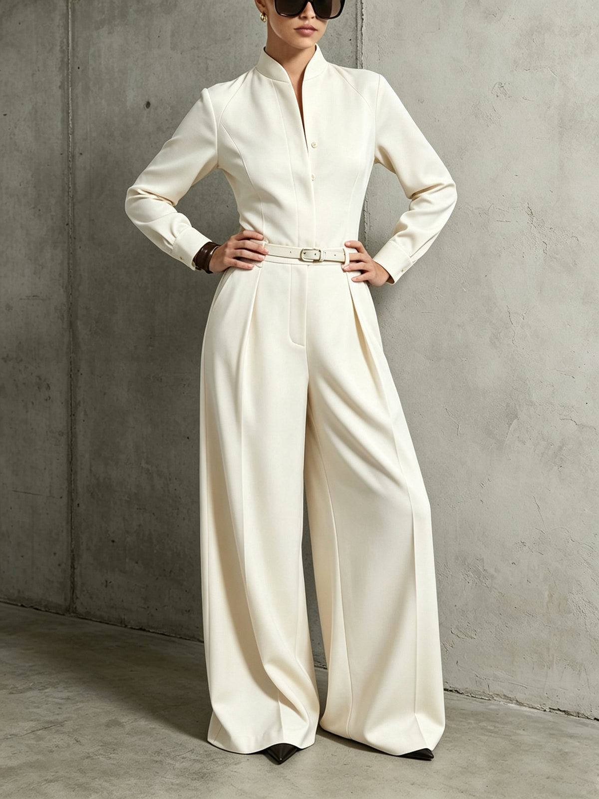 Chic Stand-Collar Long Sleeve Wide-Leg Jumpsuit