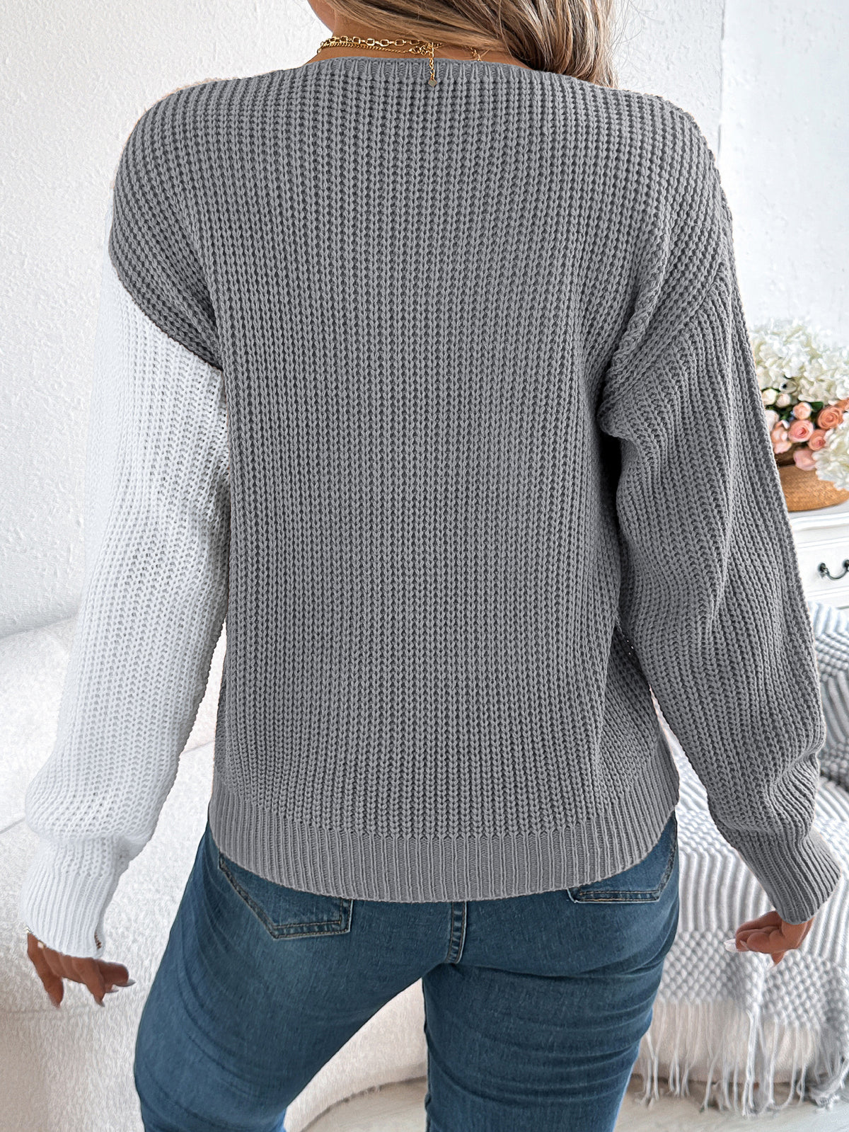 Women Casual V-neck Button Color Block Lantern Sleeve Pullover Sweater