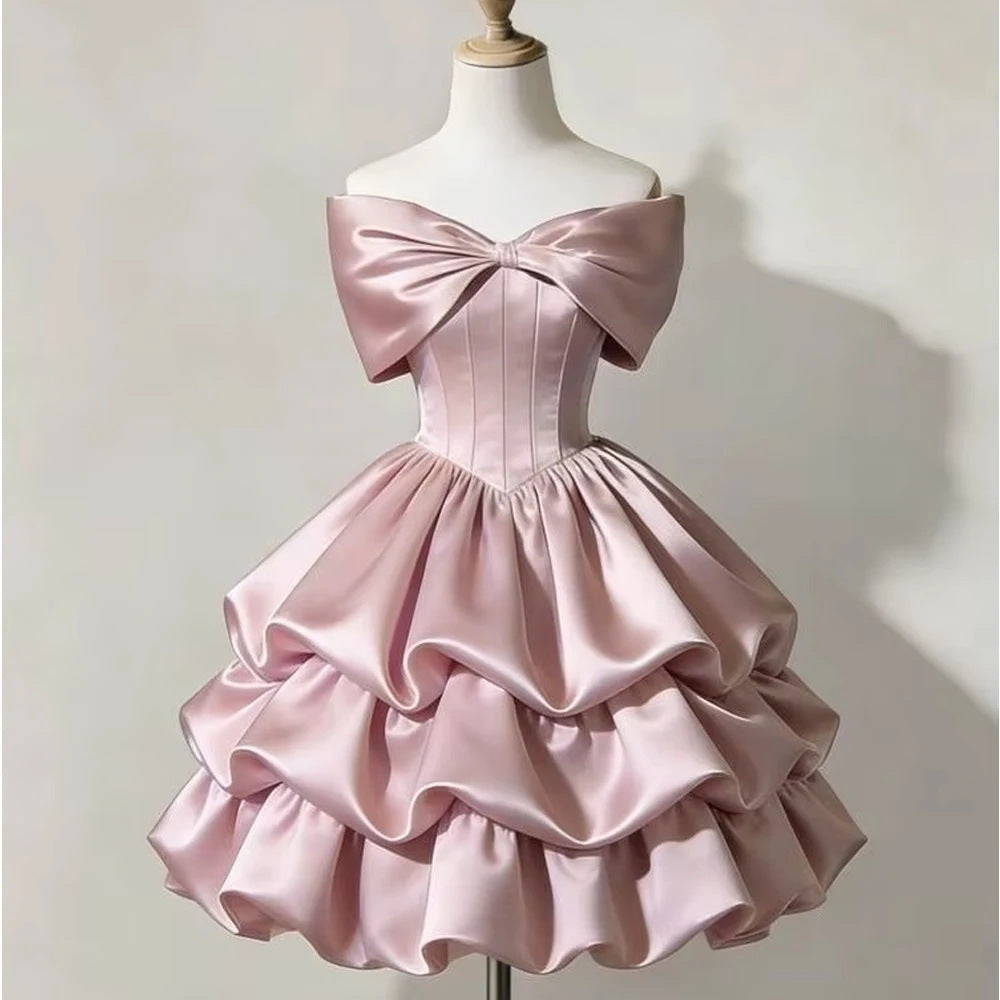 One-shoulder Satin Puff Skirt with a Bow Short-length Waist-cinching Designperfect for Everyday Wear