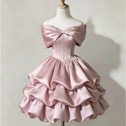 One-shoulder Satin Puff Skirt with a Bow Short-length Waist-cinching Designperfect for Everyday Wear