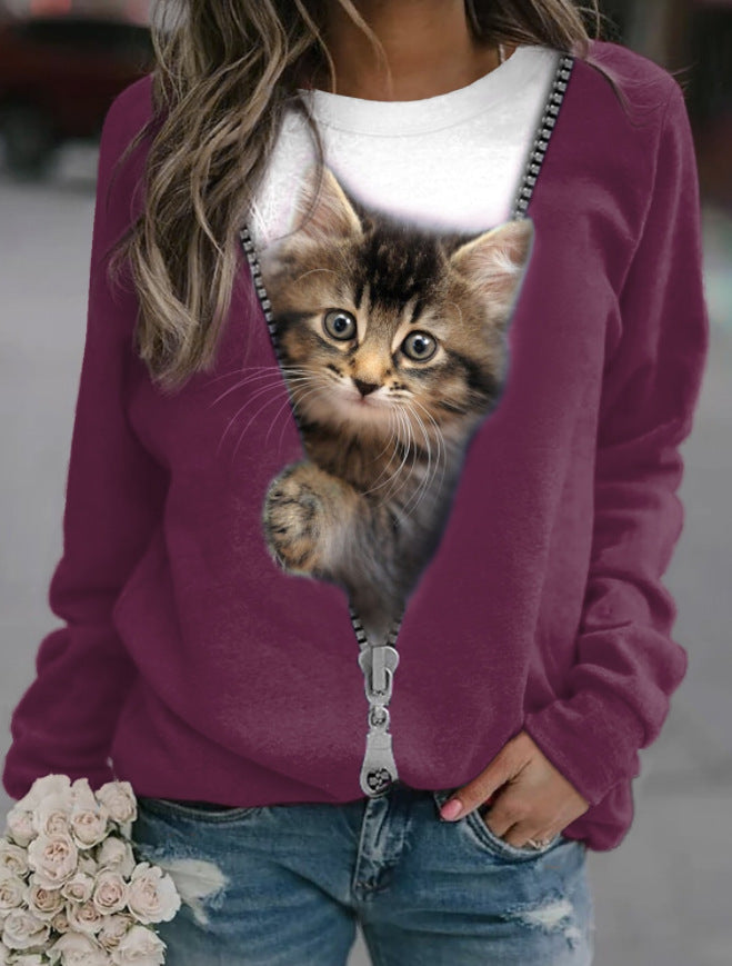 Cute Cat Print Casual Round Neck Pullover Sweatshirt