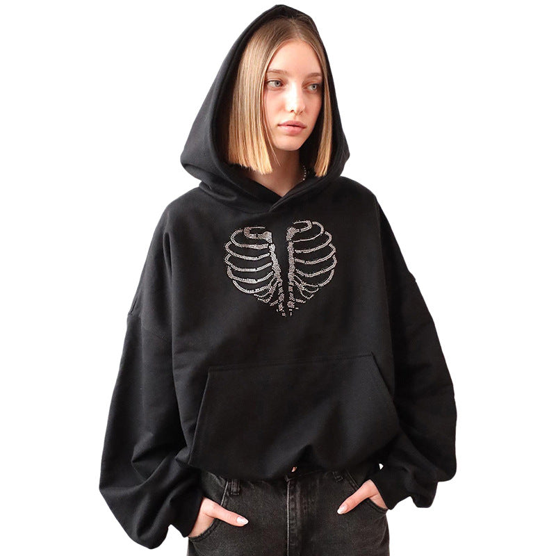 Sparkly Skeleton Rhinestone Y2K Loose Hoodie