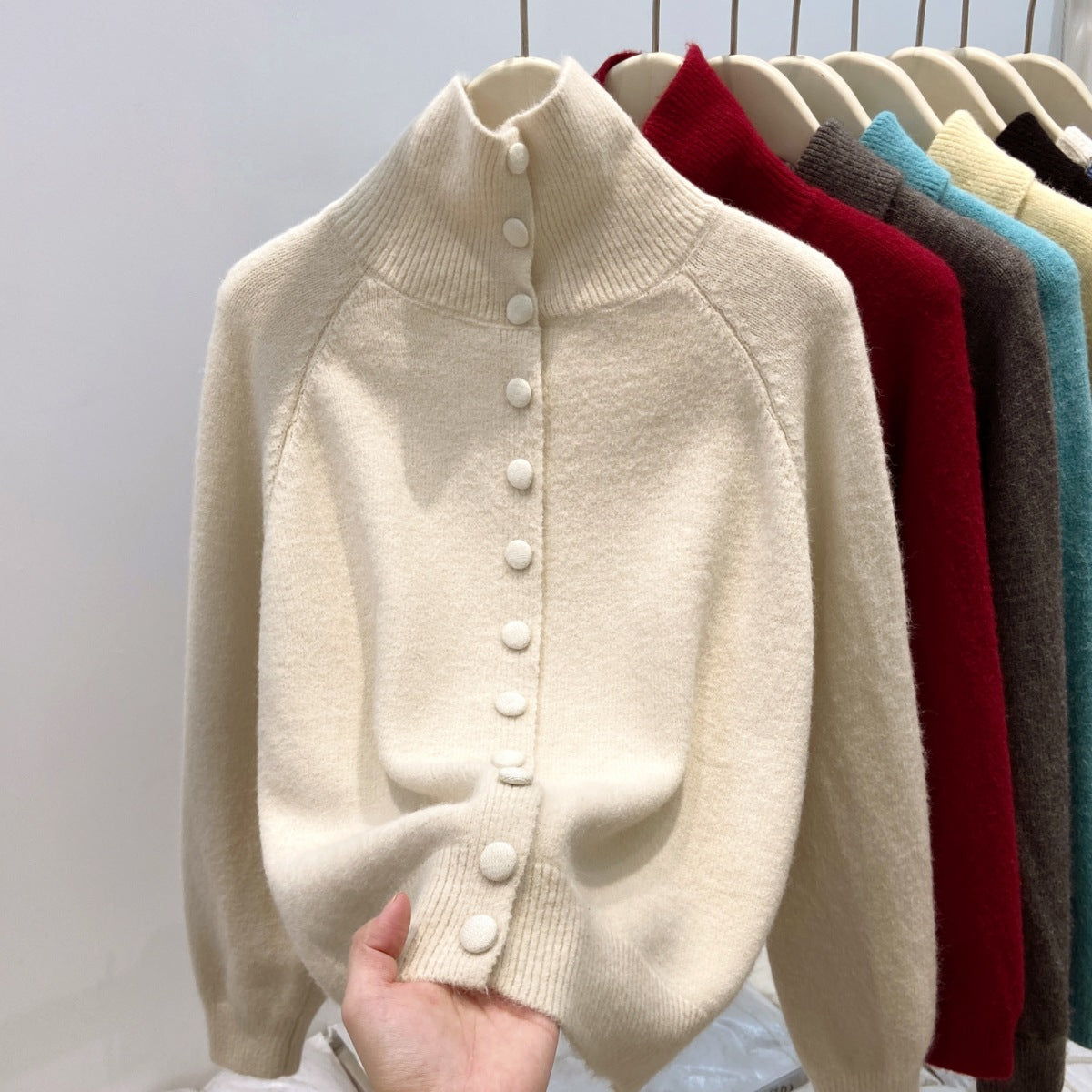 Women's Turtleneck Single-breasted Cardigan Loose and Lazy Style Knitted Sweater