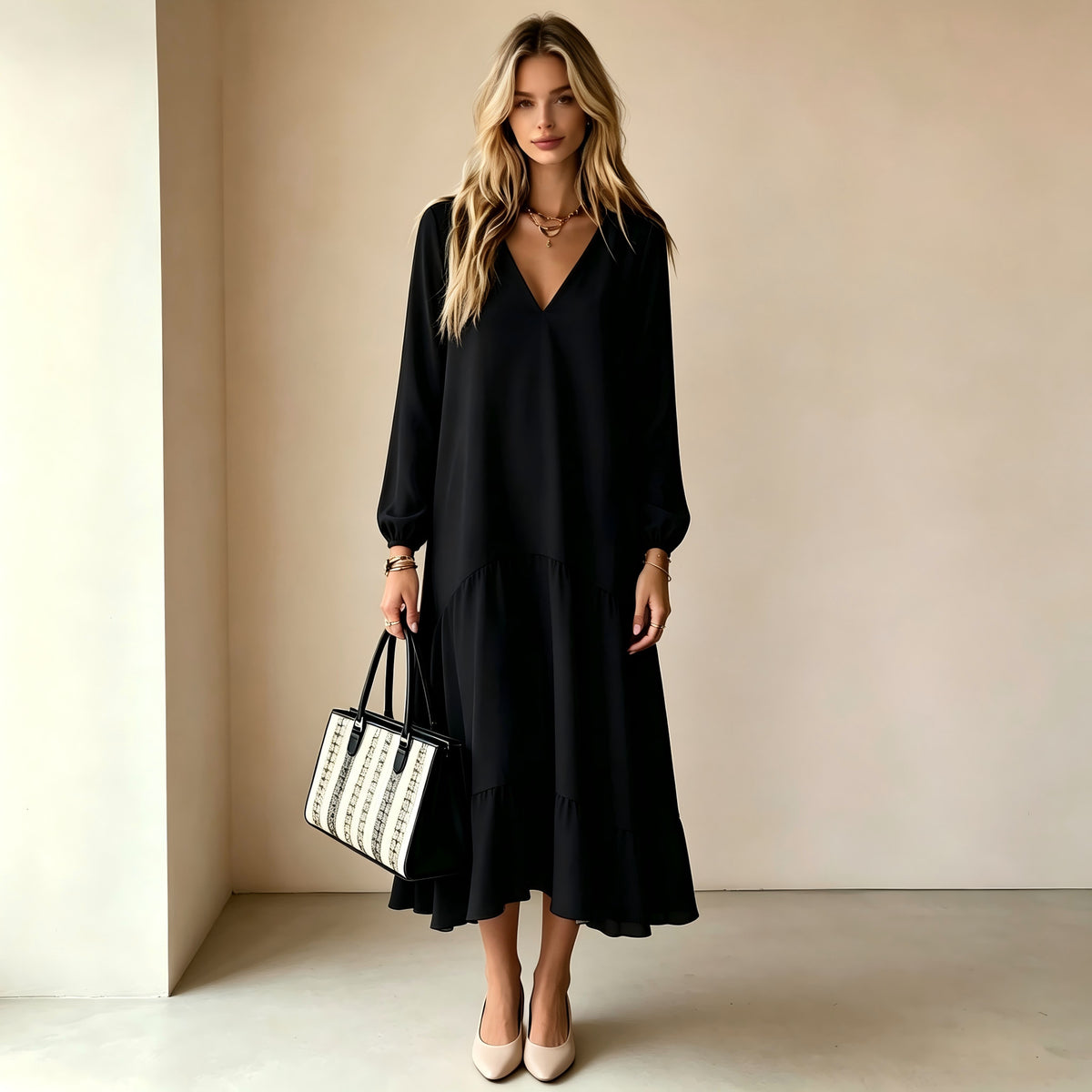 Elegant V-Neck Long-Sleeve Maxi Dress