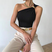 Elegant One‑Shoulder Sleeveless Vest – Slim Fit with Metal Ring Detail