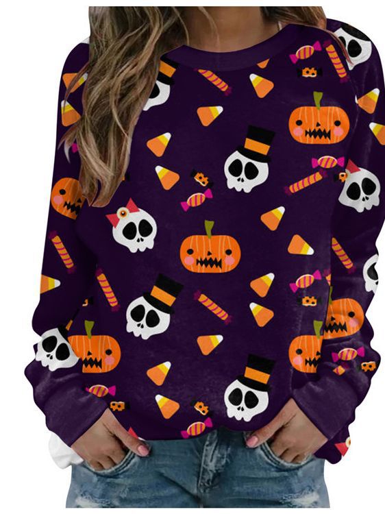 Women's Halloween Pumpkin Print Long-Sleeve Sweater