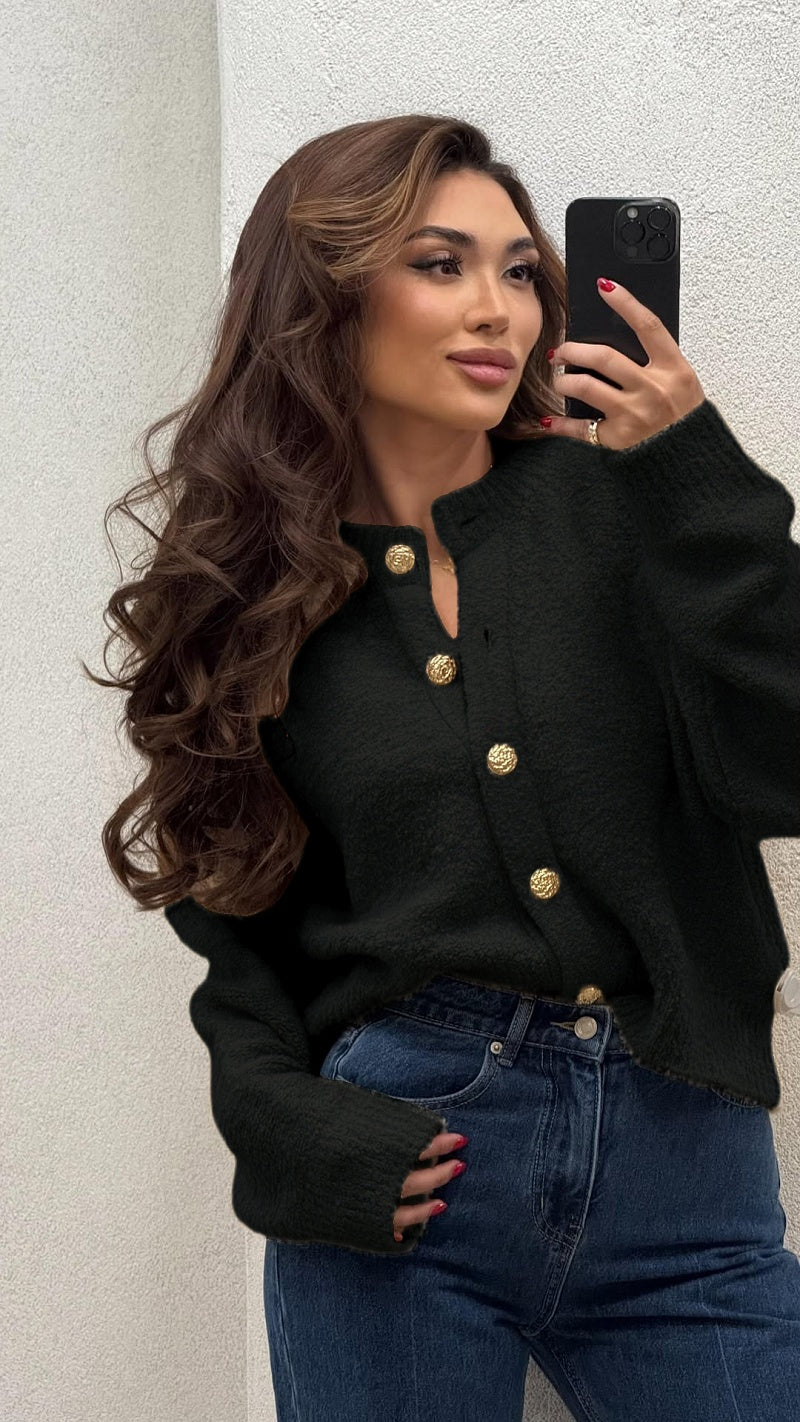 Round Neck Button Solid Color Sweater Knitwear
