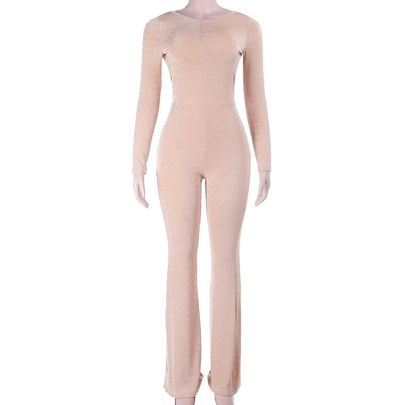 Women's Solid Warm Long-Sleeve Slim-Fit Jumpsuit