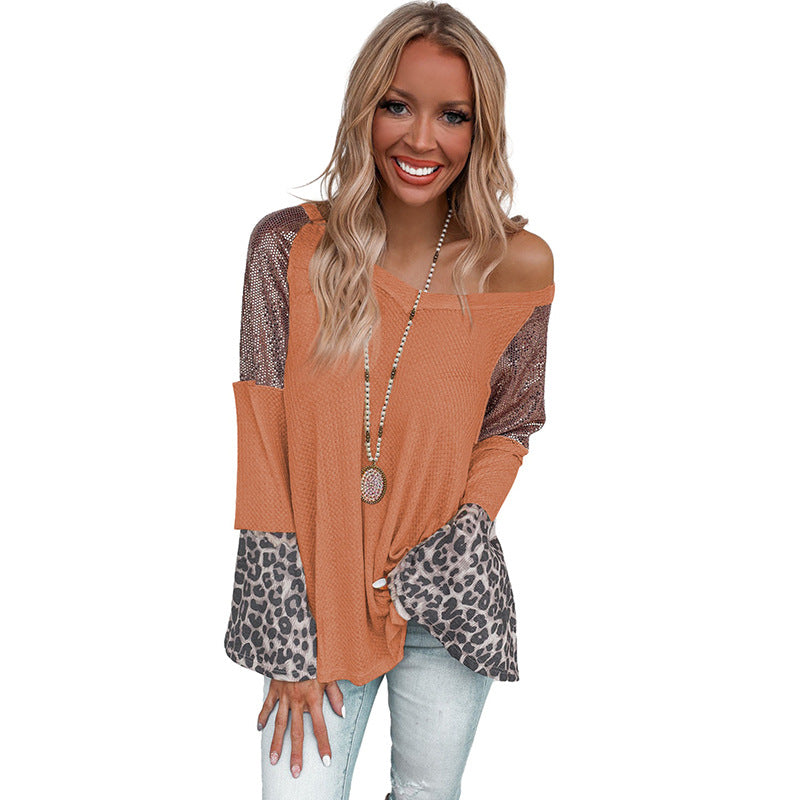 Chic Leopard Print Sequin Pullover Sweater