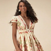 Bohemian-style Vacation Casual V-neck Lace-up Floral Slimming Dress for Women