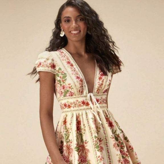 Bohemian-style Vacation Casual V-neck Lace-up Floral Slimming Dress for Women