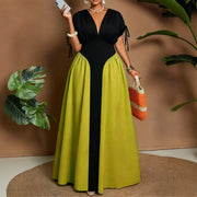 Solid-color Patchwork Waist-defined Midi Dress